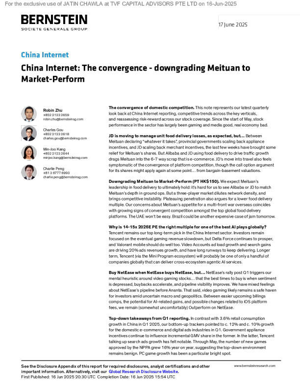 中国互联网:融合——将美团评级下调至中性