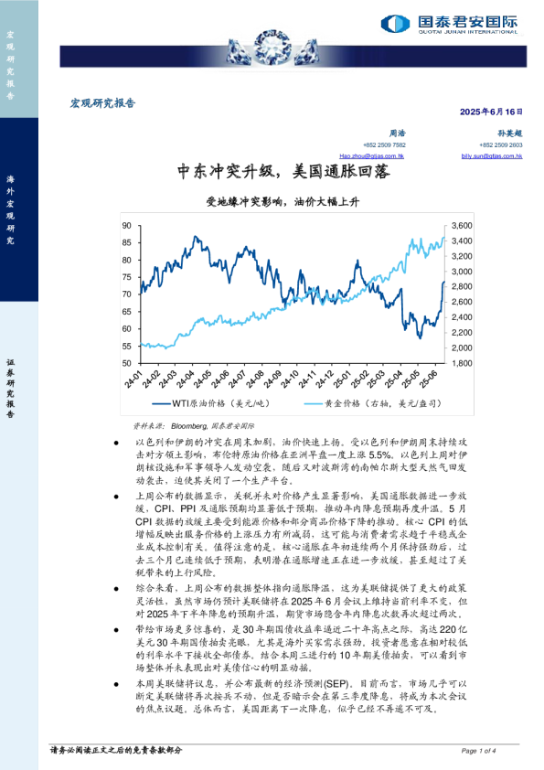 中东冲突升级，美国通胀回落