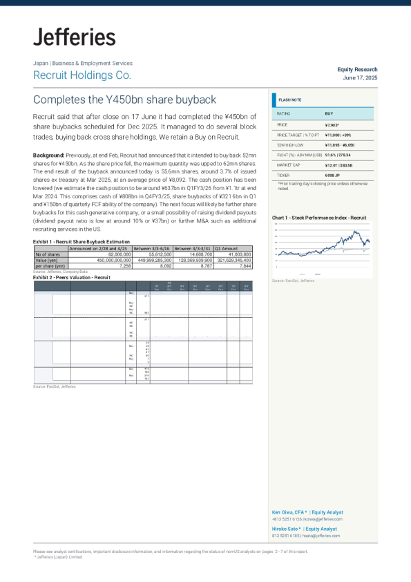 瑞可利控股公司完成4500亿日元股票回购