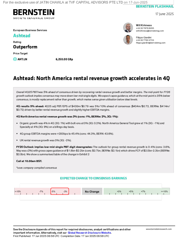 阿什特德：第四季度北美租赁收入增长加速