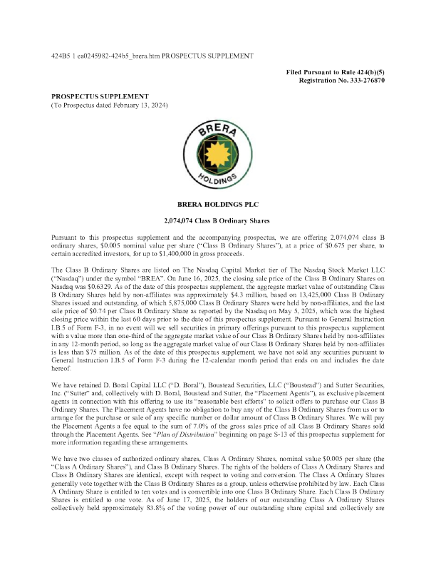Brera Holdings PLC-B美股招股说明书(2025-06-17版)