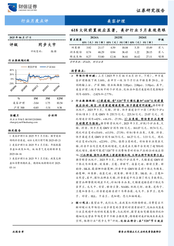 美容护理行业月度点评：618大促前置效应显著，美护行业5月表现亮眼