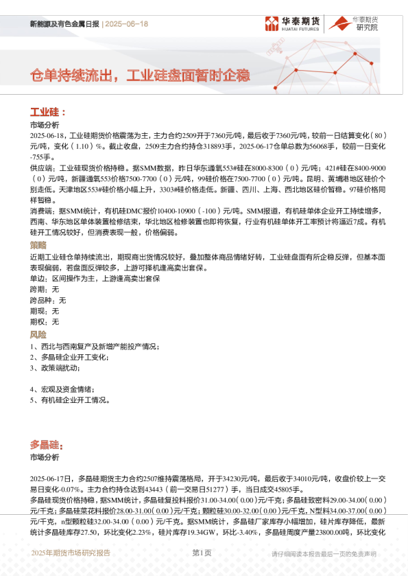 新能源及有色金属日报：仓单持续流出，工业硅盘面暂时企稳