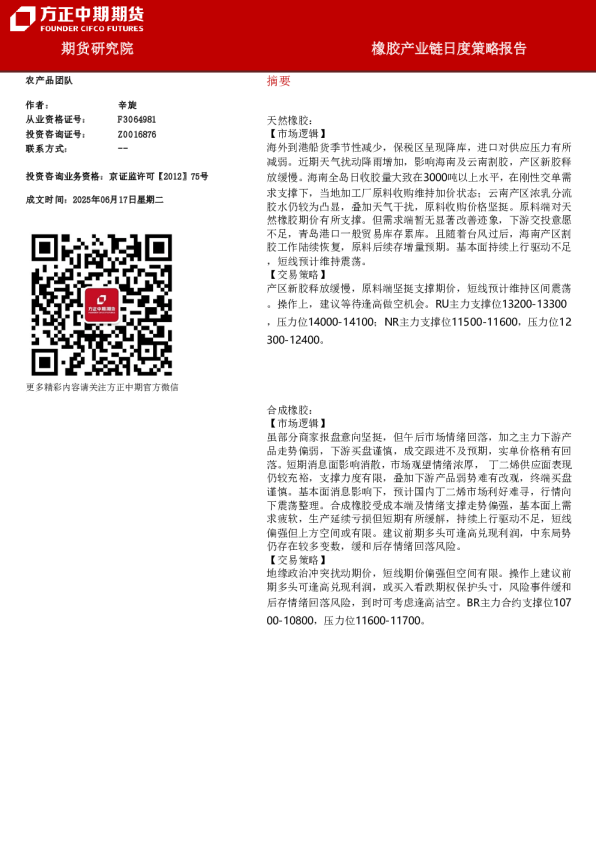 橡胶产业链日度策略报告