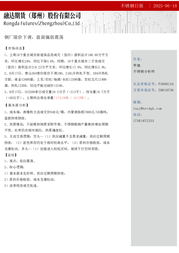 不锈钢日报-钢厂限价下调，盘面偏弱震荡