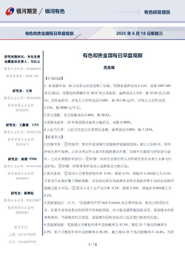 有色和贵金属每日早盘观察