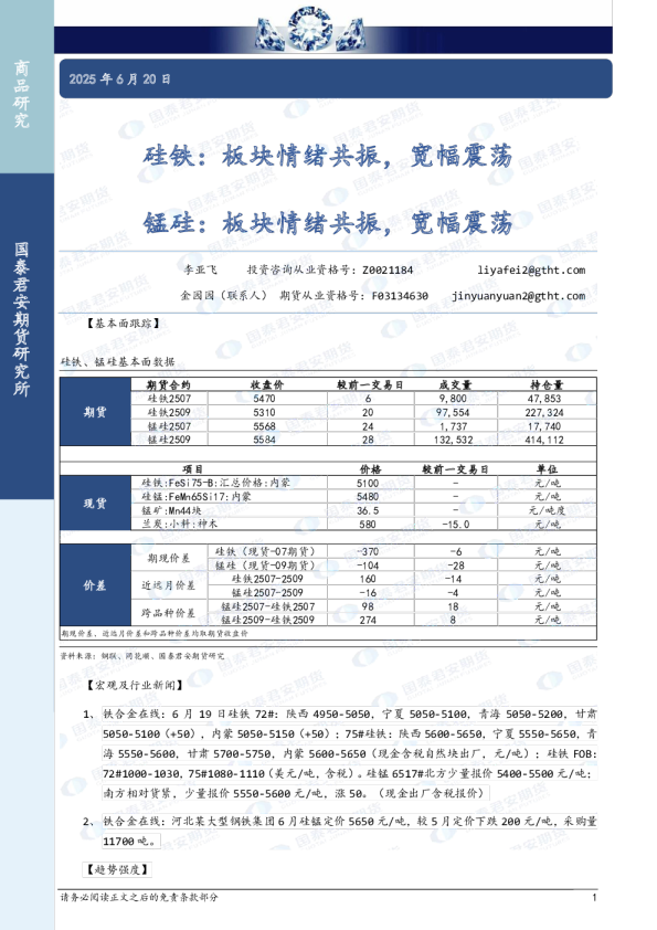 硅铁：板块情绪共振，宽幅震荡 锰硅：板块情绪共振，宽幅震荡
