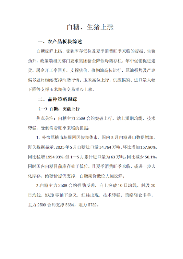 白糖、生猪上涨