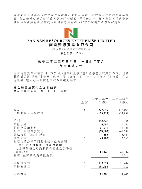 南南资源：截至二零二五年三月三十一日止年度之年度业绩公告