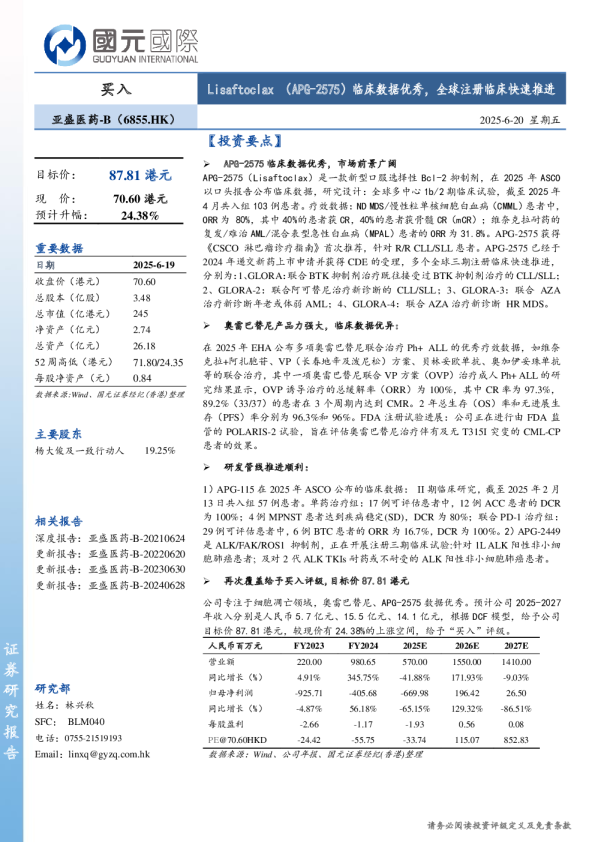 Lisaftoclax（APG-2575）临床数据优秀，全球注册临床快速推进