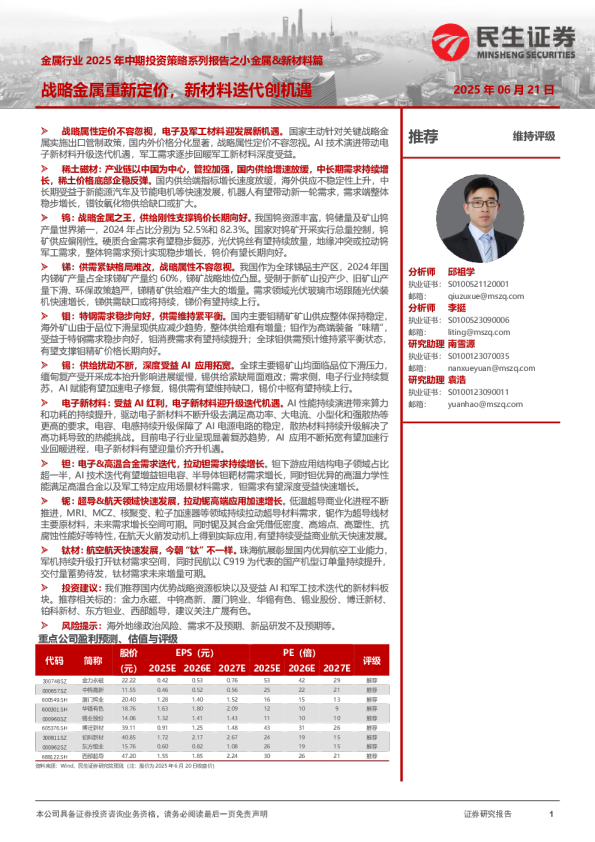 金属行业2025年中期投资策略系列报告之小金属&新材料篇：战略金属重新定价，新材料迭代创机遇