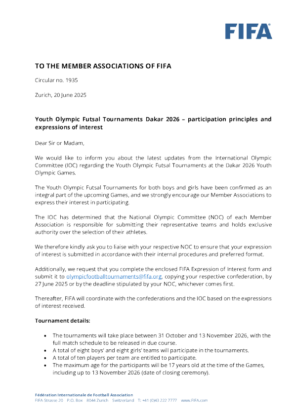 通告1935_ 2026年达喀尔青年奥林匹克五人制足球锦标赛——参赛原则和意向书
