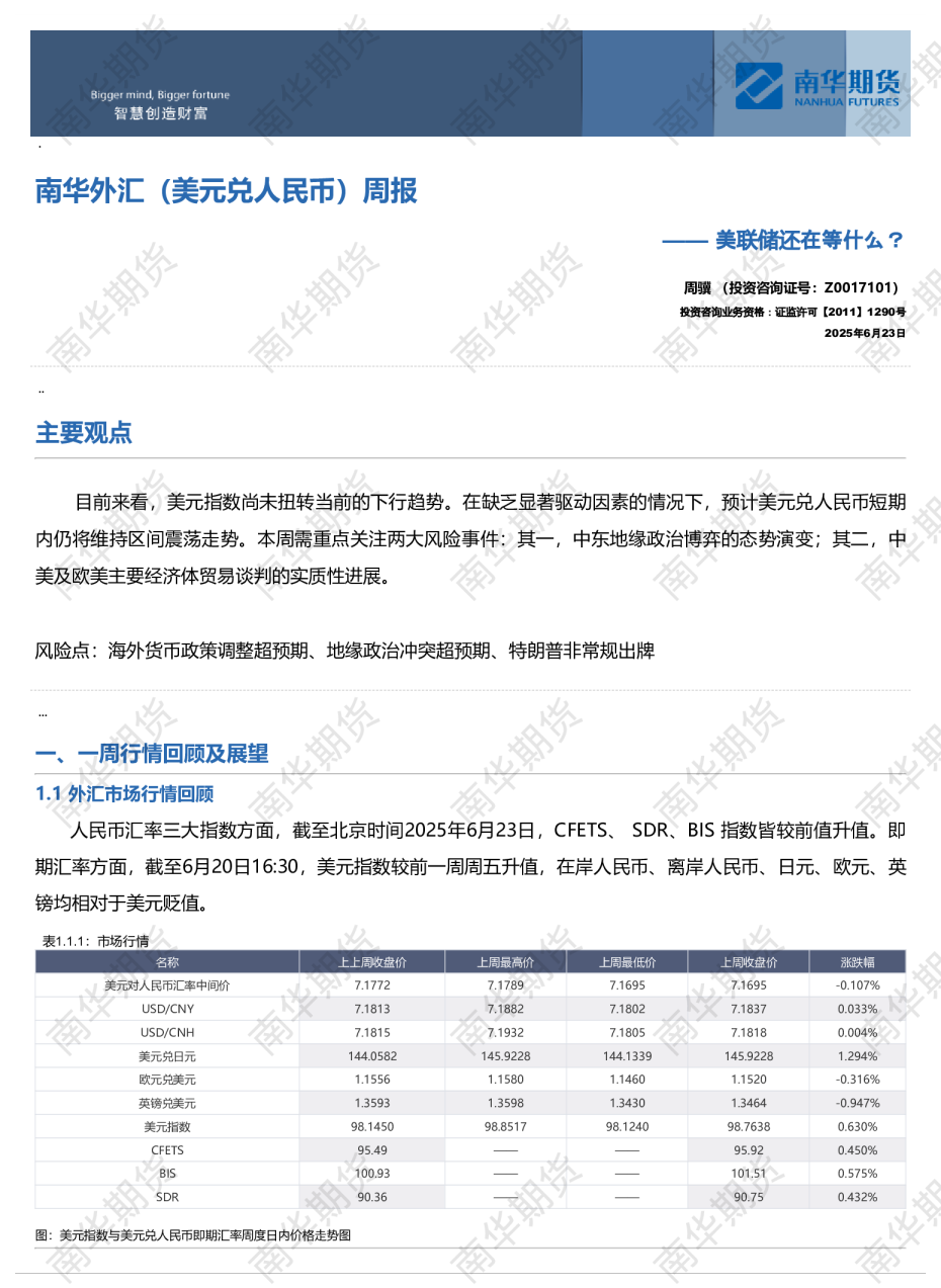 南华外汇周报:美联储还在等什么?20250623