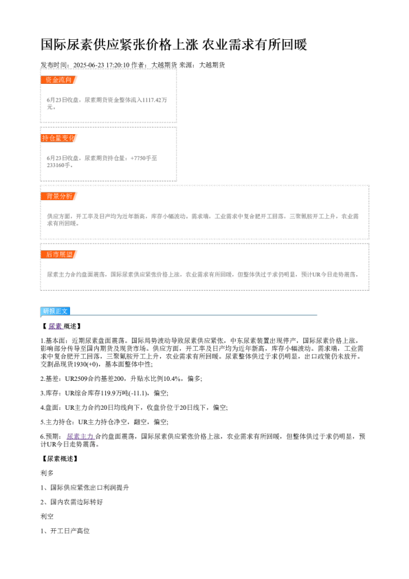 国际尿素供应紧张价格上涨 农业需求有所回暖