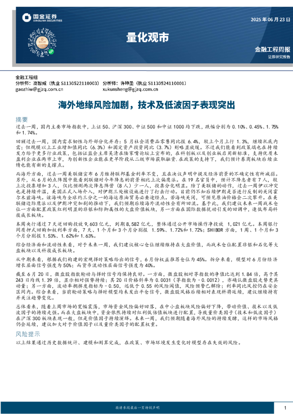 量化观市：海外地缘风险加剧，技术及低波因子表现突出