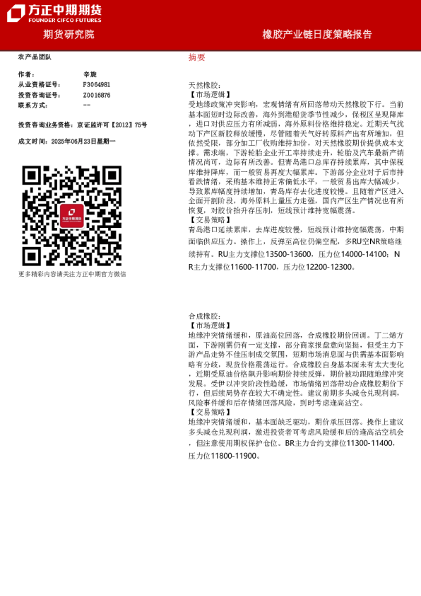 橡胶产业链日度策略报告