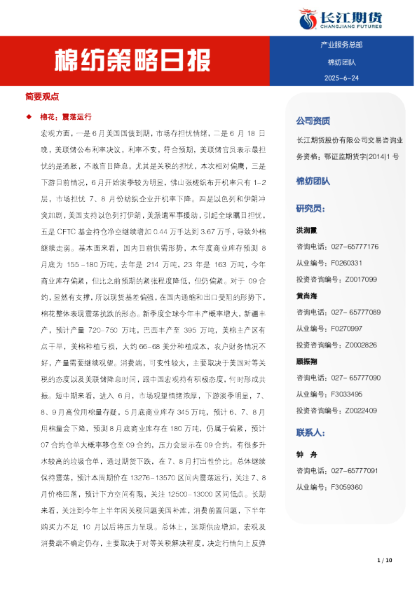 棉纺策略日报