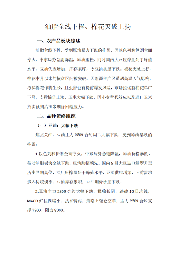 油脂全线下挫、棉花突破上扬