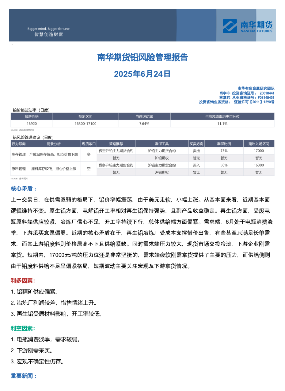 南华期货铅风险管理报告：当前波动率历史百分位