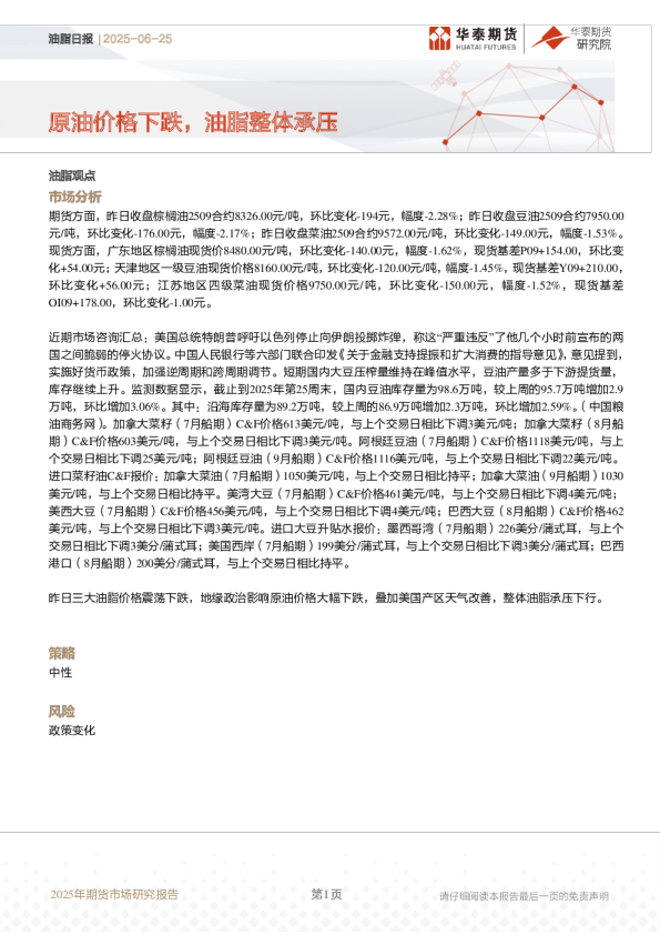 油脂日报：原油价格下跌，油脂整体承压