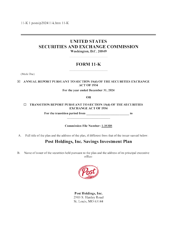 Post Holdings Inc 2024年度报告