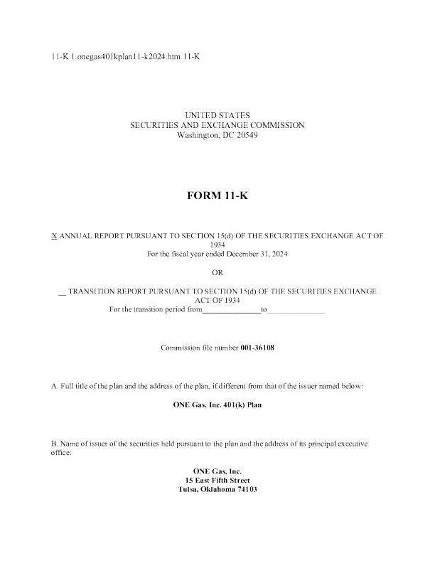 ONE Gas Inc 2024年度报告