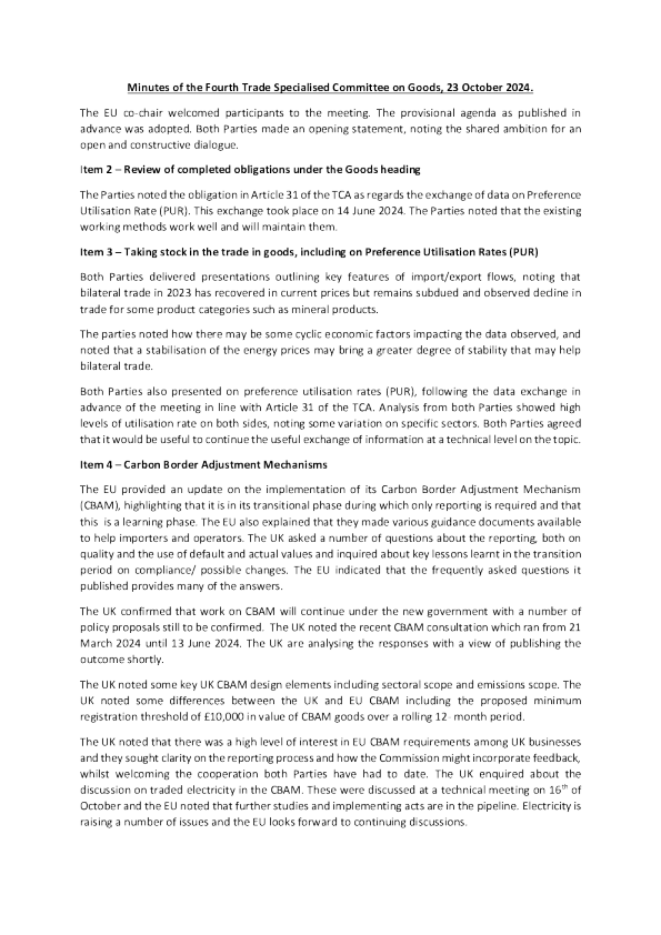 欧盟-英国贸易与合作协定货物贸易专门委员会第四次会议