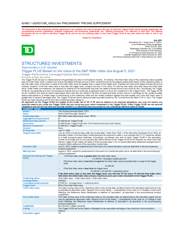 道明银行美股招股说明书(2025-06-27版)