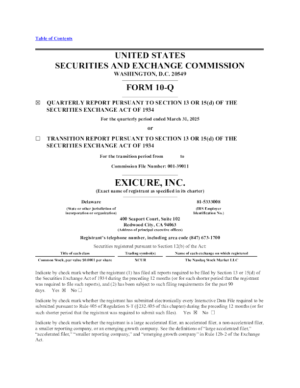 Exicure Inc 2025年季度报告