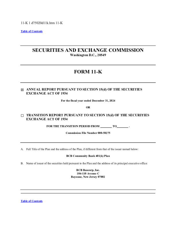 BCB银行 2024年度报告