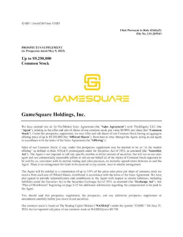 GameSquare Holdings Inc美股招股说明书(2025-06-27版)