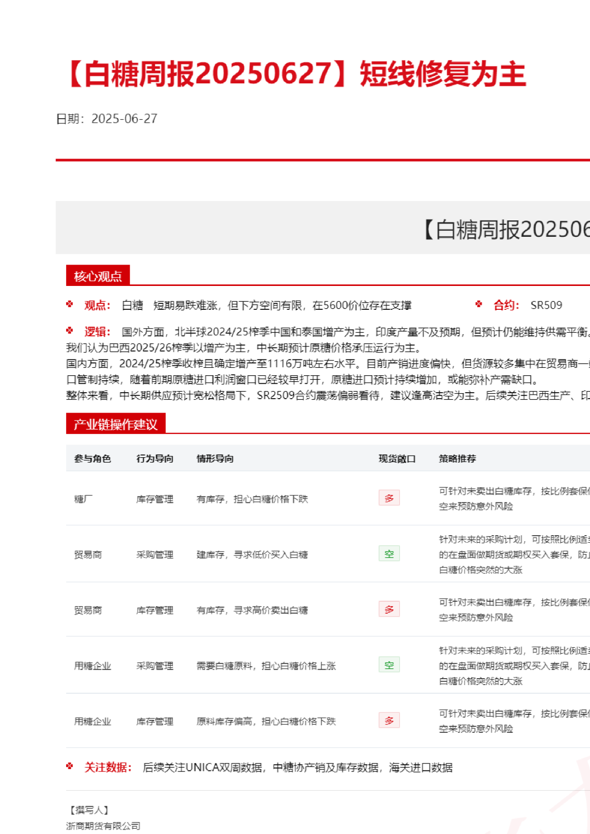 【白糖周报】短线修复为主