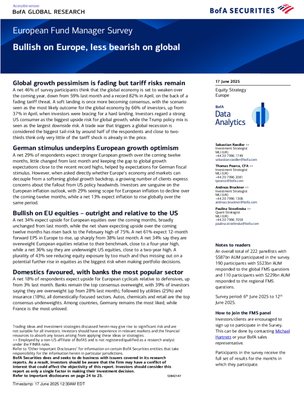 欧洲基金经理调查欧洲看涨，看跌减少…-116000101