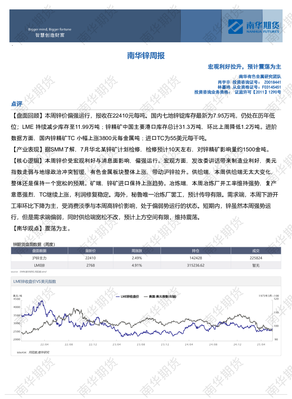 有色金属（锌）周报：宏观利好拉升，预计震荡为主