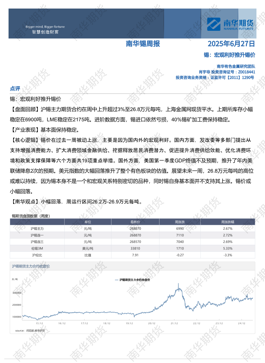 锡周报：宏观利好推升锡价