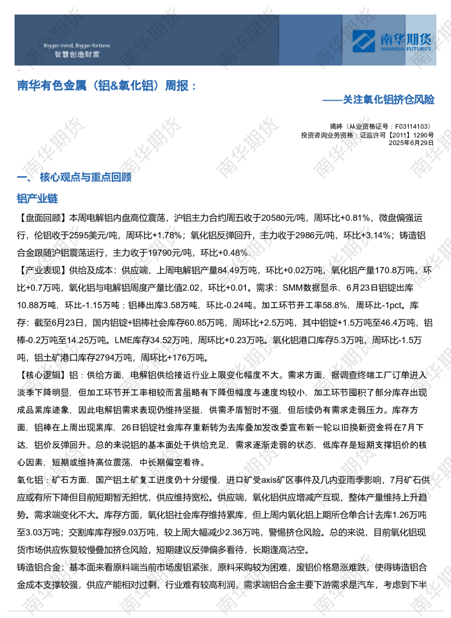 南华铝产业链周报:关注氧化铝挤仓风险20250630