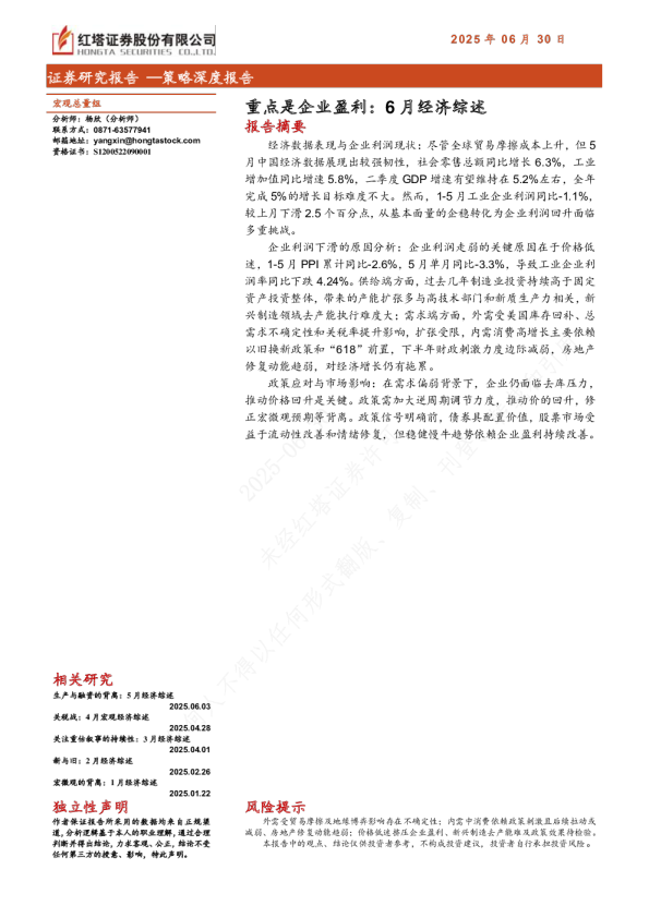 策略深度报告：重点是企业盈利：6月经济综述