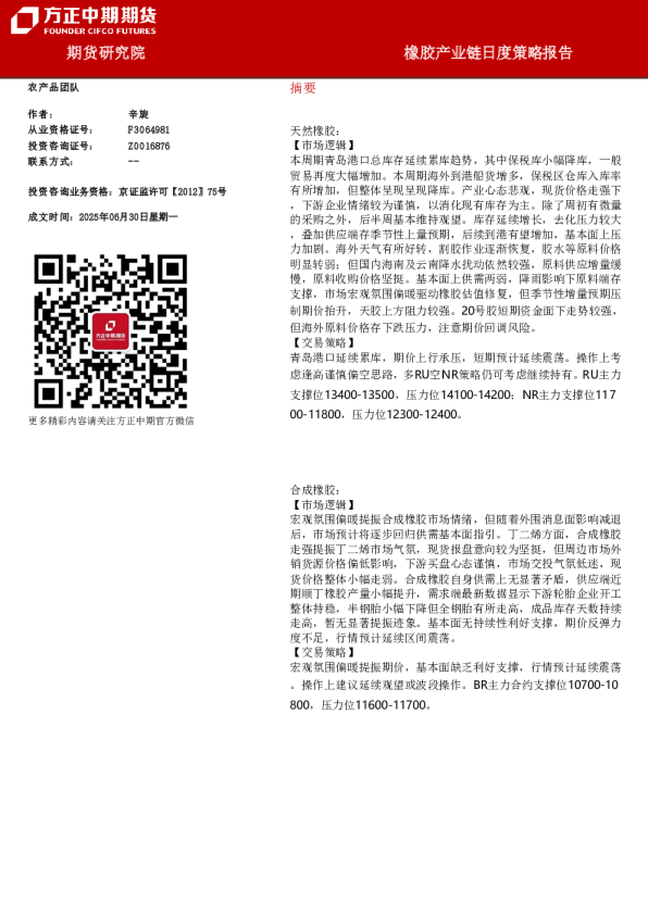 橡胶产业链日度策略报告