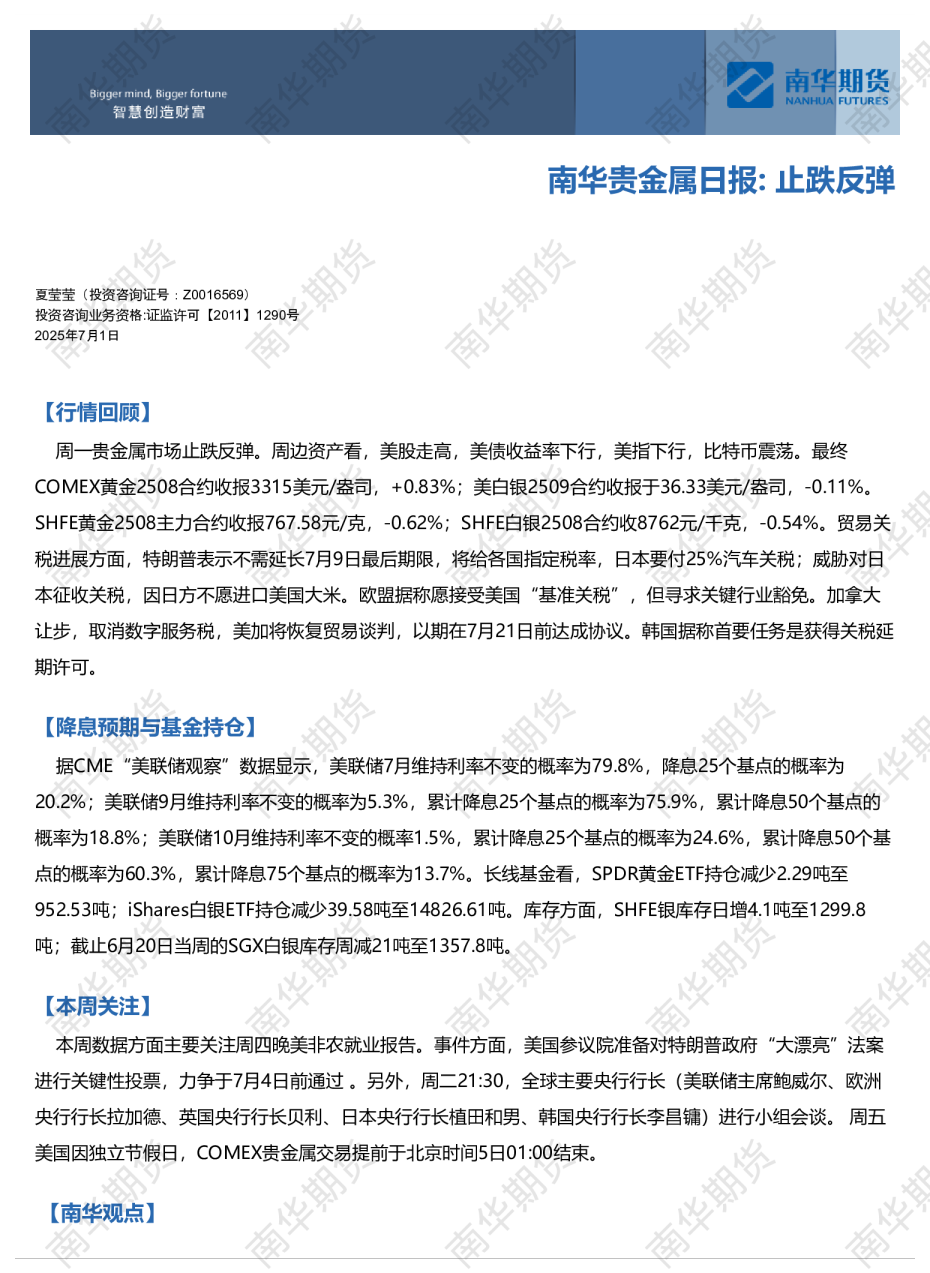 南华贵金属日报：止跌反弹