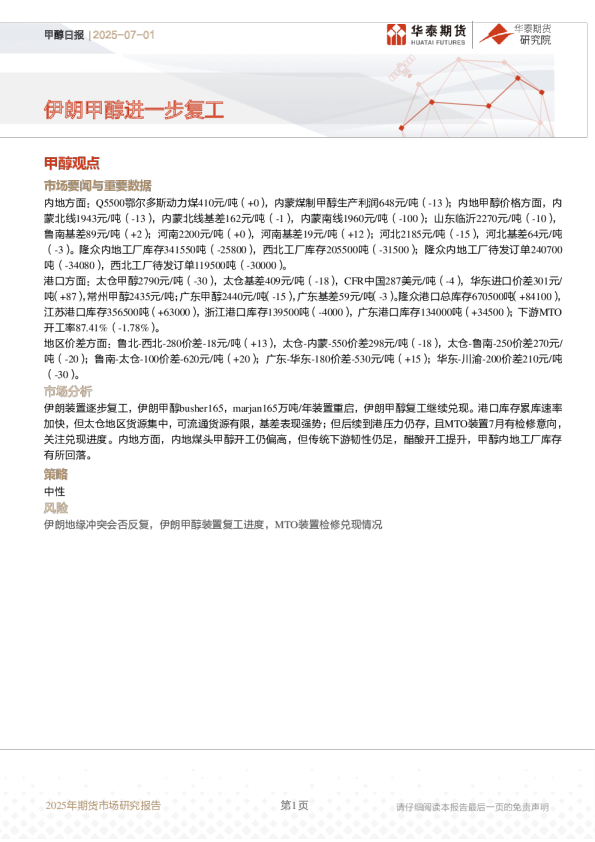 甲醇日报：伊朗甲醇进一步复工