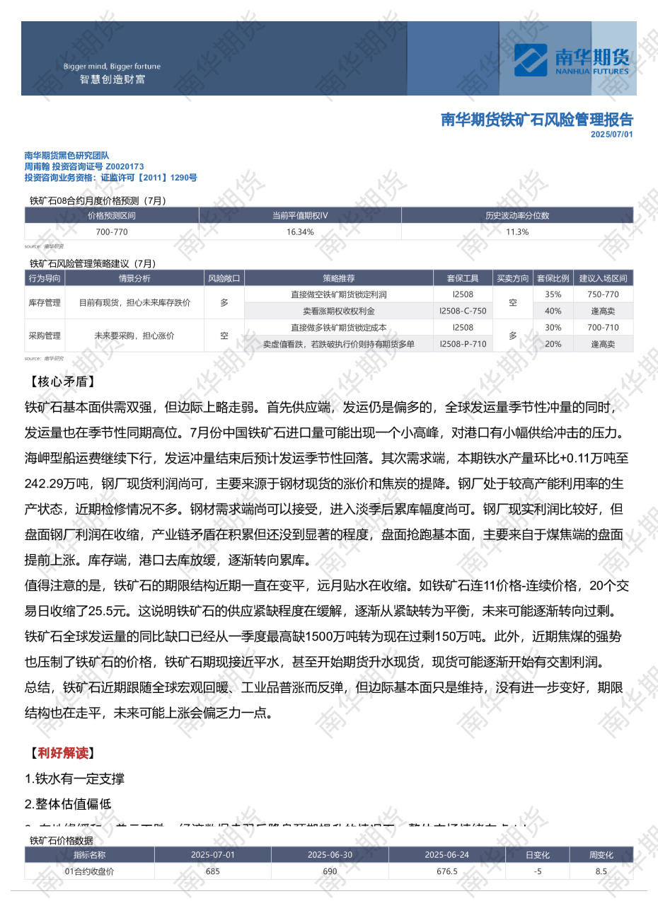 南华铁矿石风险管理报告：波动率继续下降20250701