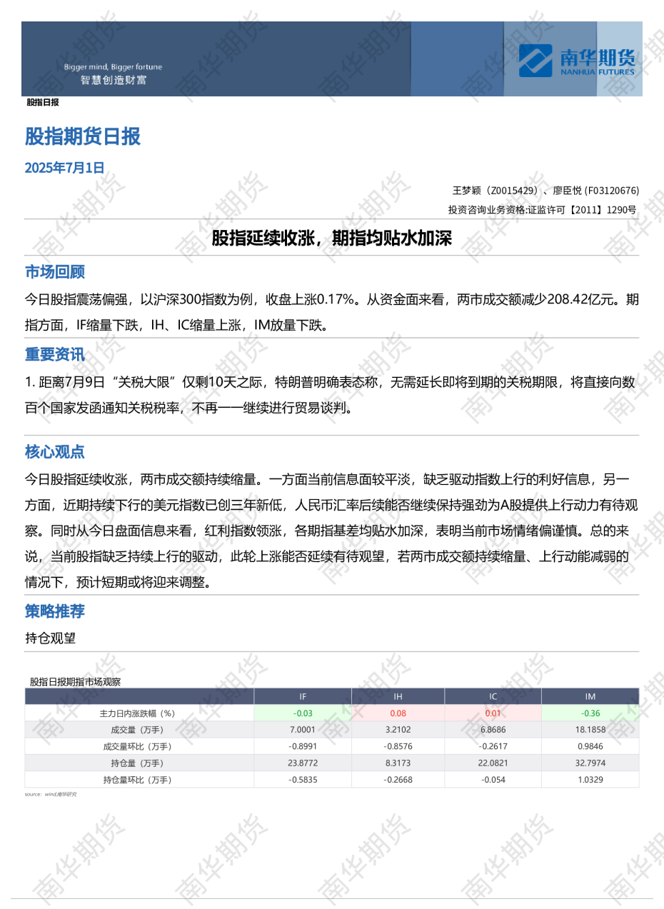 南华股指日报：​股指延续收涨，期指均贴水加深20250701