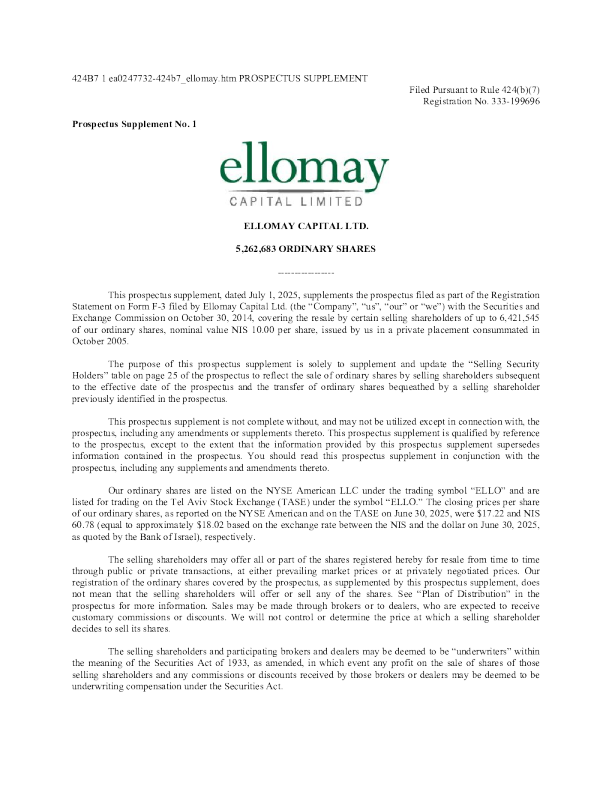Ellomay Capital Ltd美股招股说明书（2025-07-01版）