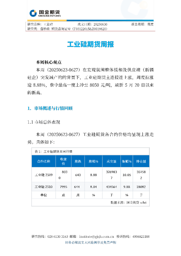 工业硅期货周报