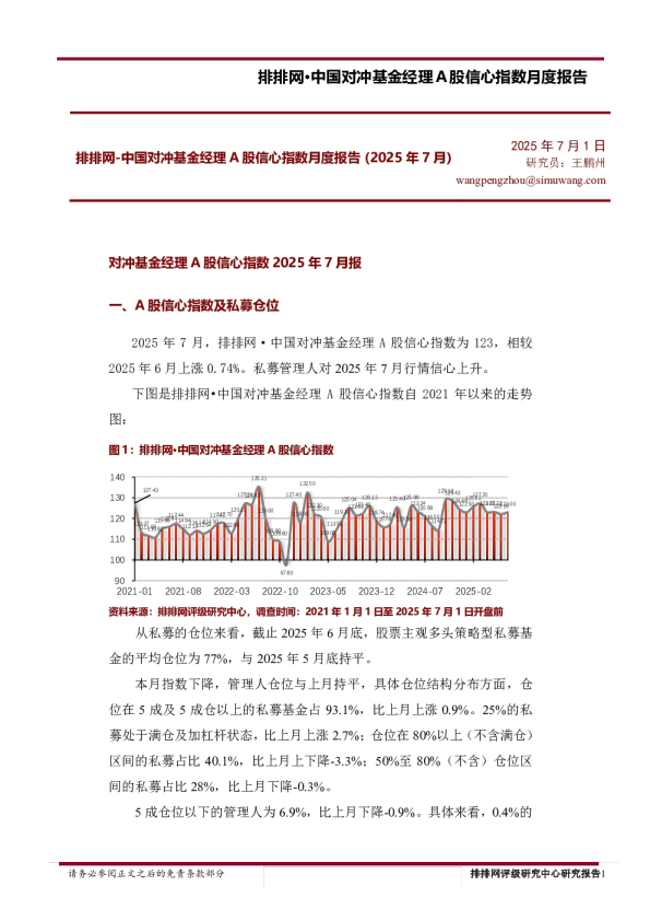 中国对冲基金经理A股信心指数月度报告（2025年7月）
