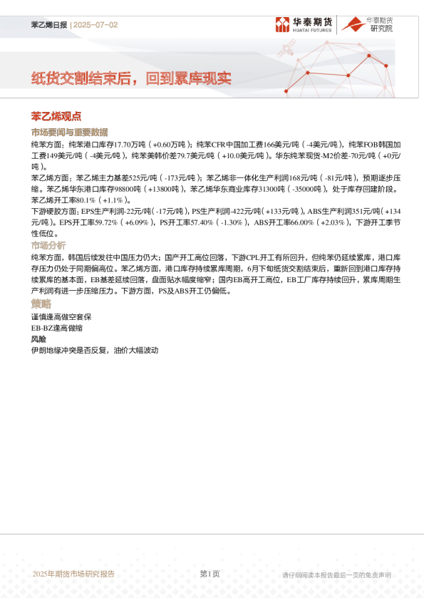 苯乙烯日报:纸货交割结束后,回到累库现实