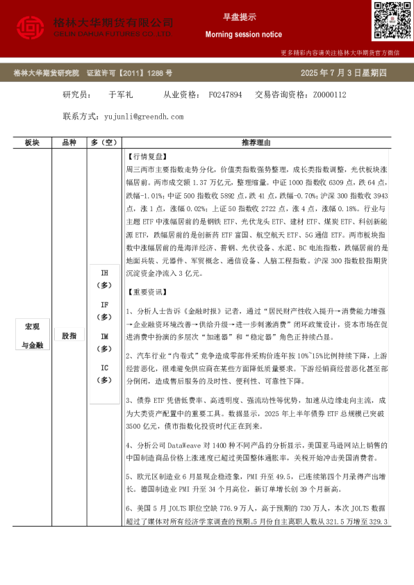 格林大华期市早班车--股指（20250703）