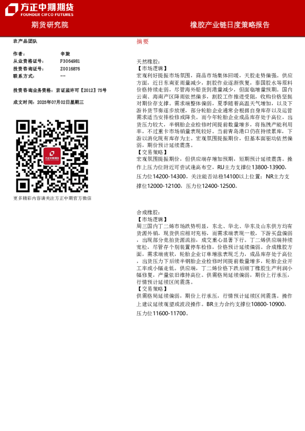 橡胶产业链日度策略报告