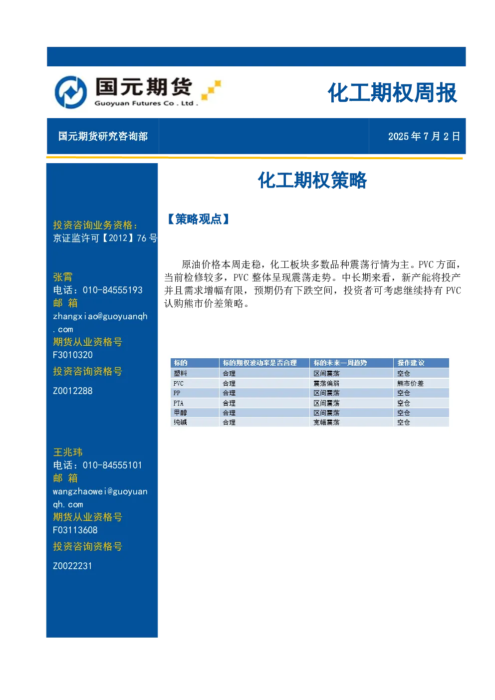 化工期权周报：化工期权策略
