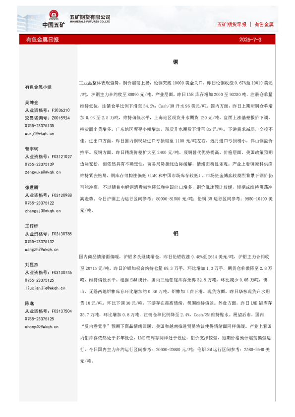 有色金属早报
